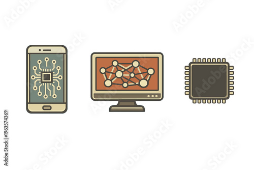 Devices showing circuit designs and computer elements in a simple layout