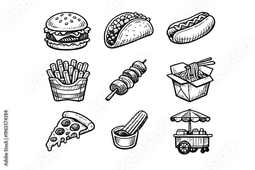 Different types of street food including burger, taco, hot dog, fries, skewer, noodle box, pizza, churro, and food cart
