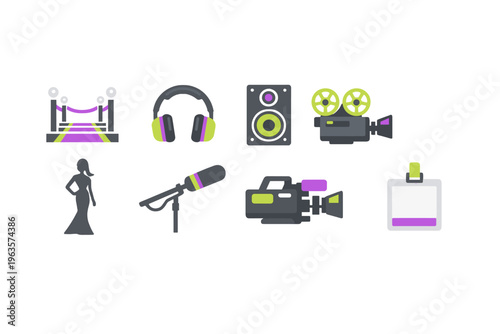 Stage setup with equipment for a media event featuring audio gear and film tools in a venue