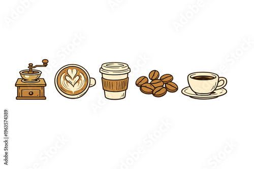 Coffee making process with grinder, latte art, takeaway cup, coffee beans, and a white cup in one sequence