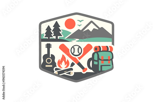 Activity badge showing outdoor fun with camping, baseball, guitar, and hiking elements set in nature during daytime
