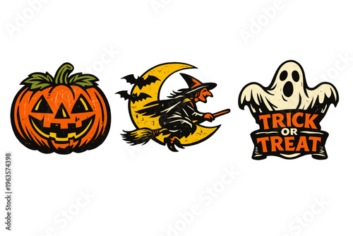Halloween symbols including a pumpkin, witch on a broom, and a ghost with text for trick or treat