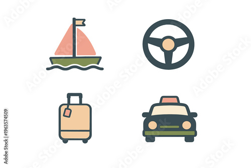 Different modes of travel shown in simple icons including a boat, suitcase, steering wheel, and taxi cab in a clear layout
