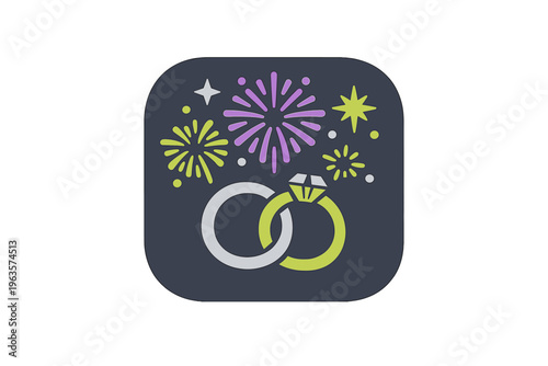 Wedding rings and fireworks celebrate love on a festive night during a wedding ceremony under a clear sky