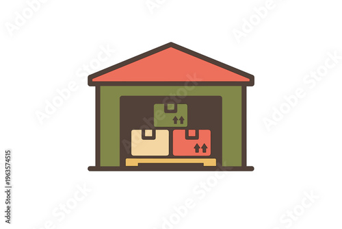 Storage area with boxes stacked on a pallet inside a building structure with a roof