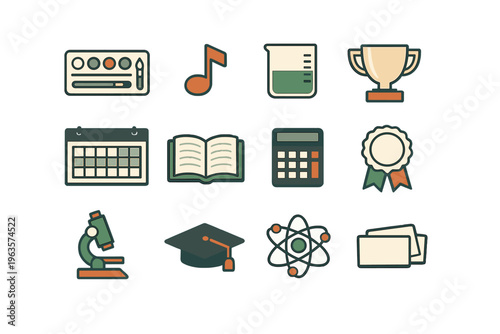 Icons of learning and achievement in various subjects such as science, music, and studies with a simple design in bright colors