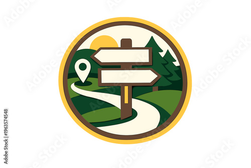 Wooden signpost with direction arrows along a winding path in a green landscape during the day in a outdoor setting