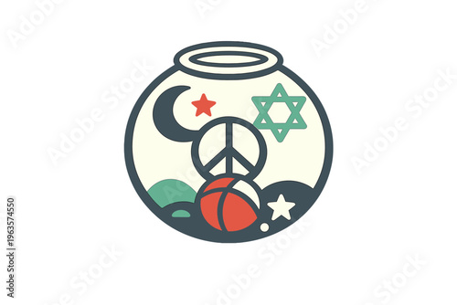 Design shows fishbowl with symbols of peace and different beliefs, representing unity and harmony among cultures