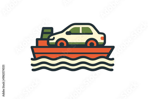 Car on a ferry crossing water during daytime in a simple graphic style
