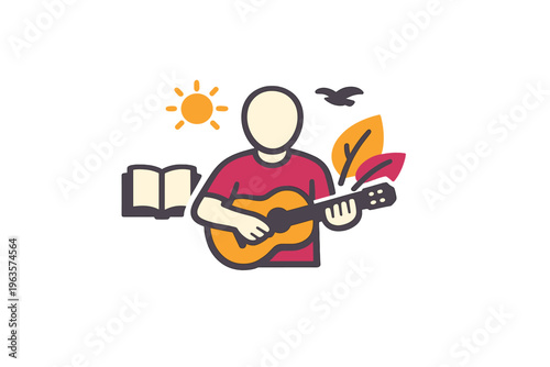 Person plays guitar outside with book and sun shining in the sky during daytime while leaves and birds are nearby