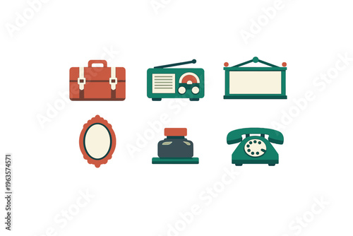 Old items are placed on a white background showing a suitcase, radio, frame, mirror, ink bottle, and telephone in a flat design style