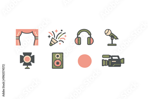 Icons representing various elements of a live event or performance setup in a simple and modern design style