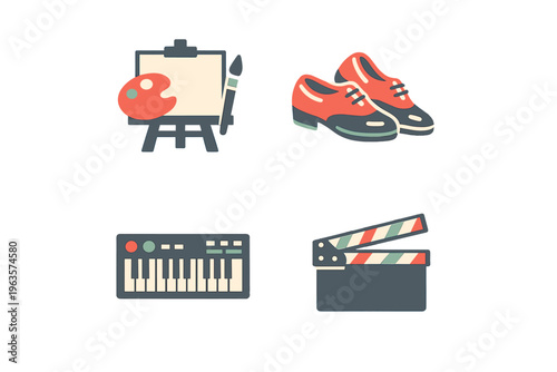 Creative tools and activities for artists and performers showcased in a simple and clear layout of fun icons