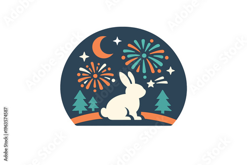 Colorful fireworks display in the night sky with a rabbit enjoying the view near trees