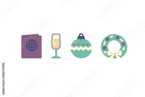 Travel ideas with holiday elements including a passport, drink, ornament, and wreath during festive season