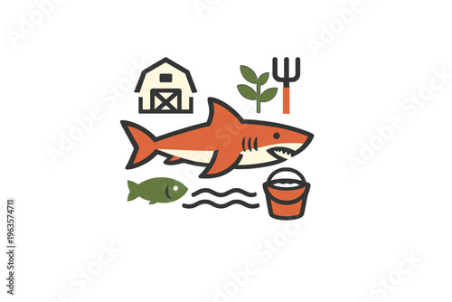 Catching fish and sharks near the farm with tools for fishing and a bucket of bait