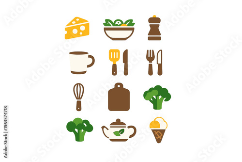 Kitchen tools and food items arranged in a simple grid showing various cooking essentials