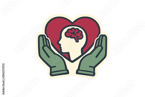 Graphic design showing hands holding a heart and brain, symbolizing mental health awareness and care for emotional well-being