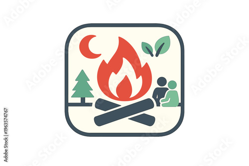 Campfire scene with two people sitting near fire under trees at night with moon and stars visible