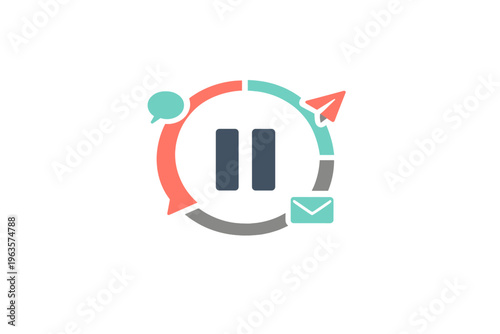 Creative design showing various communication tools with pause symbol in the center, indicating the need for breaks during work