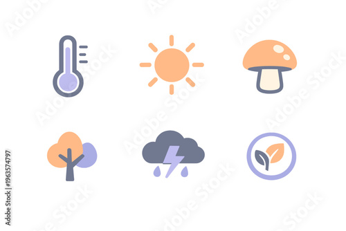Various weather and nature icons showing climate elements and natural objects for educational purposes in a simple design style