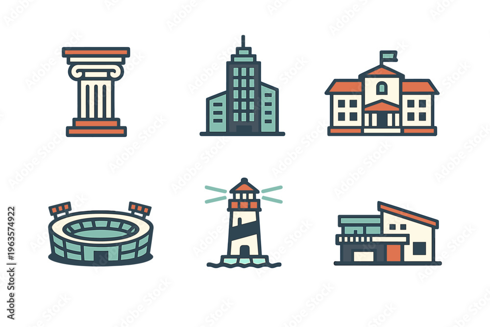 Fototapeta premium Different buildings and structures including a lighthouse and stadium in a simple design style