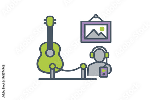 Music and art exhibit showcasing a guitar, a listener, and a displayed artwork in a gallery setting during the day