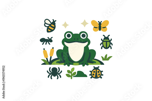 Frog with insects and plants in a natural setting during daytime