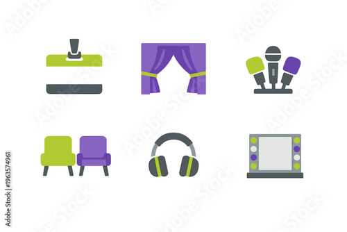 Tools and items for a stage performance setup in a creative space with colorful designs and elements for actors and audience engagement