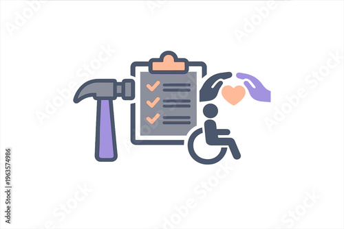 Work on health support with tools, checklist, and care for individuals in wheelchairs