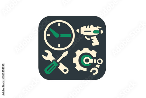 Tools and clock icon showing elements of craftsmanship and time management in a simple design
