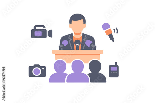 Speaker at a podium during a press event with cameras and microphones in a crowded room