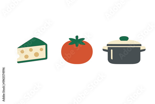 Cheese, tomato, and pot placed together in a simple arrangement during a cooking session in a home kitchen