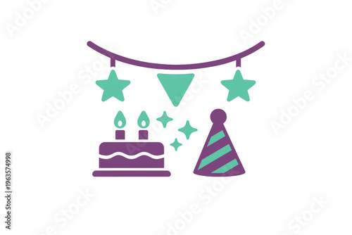 Decorative setup for a birthday party with cake, candles, and hats in a simple design and bright colors