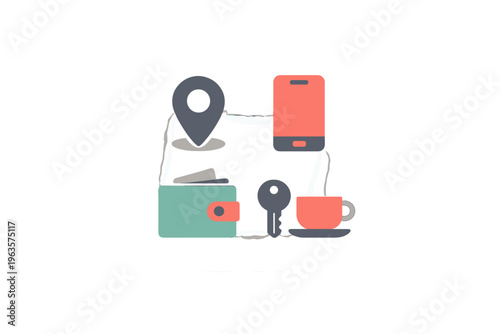Icons showing a location marker, smartphone, wallet, keys, and coffee cup on a plain background