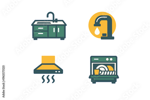 Kitchen elements showing sink, faucet, range hood, and dishwasher for home use and cooking