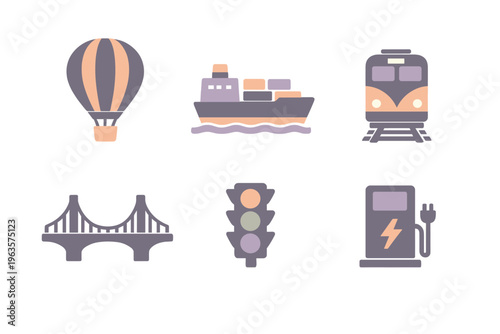 Different types of transport and infrastructure in a simple visual style