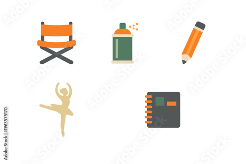 Different items used in creative projects arranged on a plain background showing tools for art and dance in everyday life