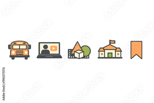 School activities include bus rides, online classes, learning with tools, outdoor trips, and finding new locations