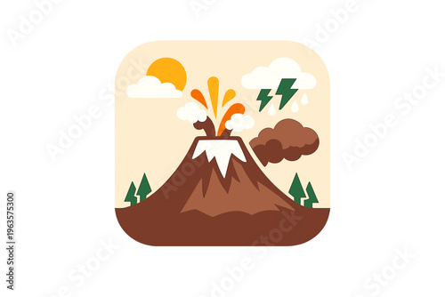 Volcano erupts with ash and smoke during daytime with sun and clouds in background