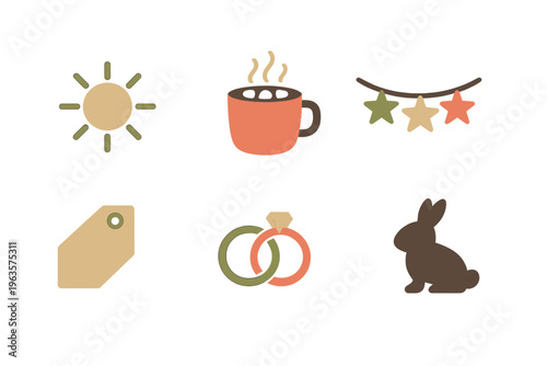 Sunshine, coffee, decorations, price tag, wedding rings, and bunny all in one simple design for spring and celebration themes