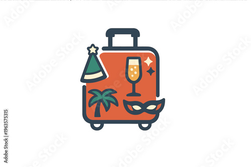 Suitcase decorated with holiday symbols and items for festive travel during the celebration season