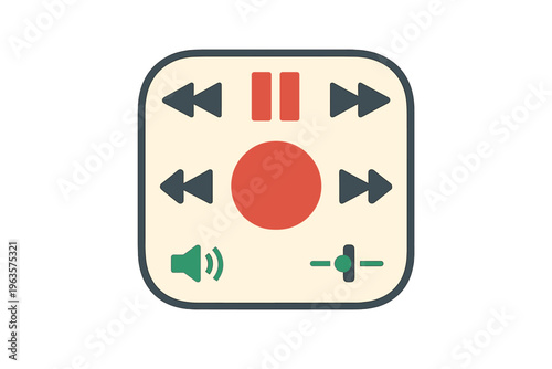 Control panel for media players with buttons for playback, volume, and recording shown on a simple background