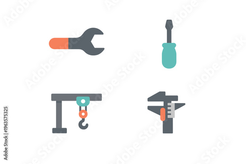 Various tools including a wrench, screwdriver, crane, and caliper shown in simple design