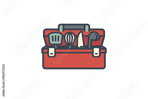 Kitchen tools in a red toolbox ready for cooking and baking tasks at home or in a culinary space