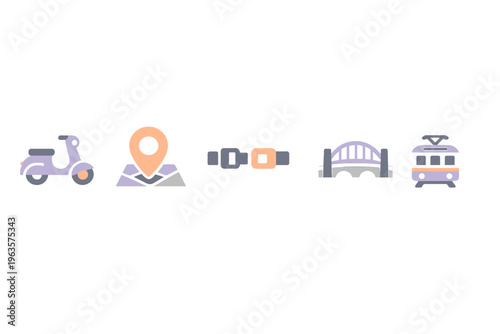 Different types of transport and location symbols shown on a plain background