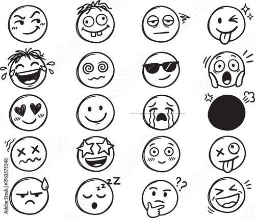 Hand Drawn Doodle Emoji Faces Set, Cute Sketch Emoticons Collection, Cartoon Line Art Expressions Vector Pack