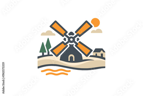 Windmill in countryside with trees and a house under bright sun in a simple landscape setting