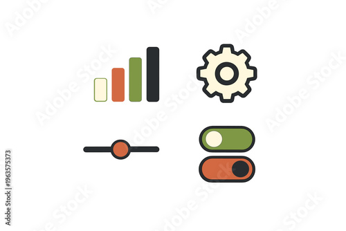 Icons showing data, settings, sliders, and toggles arranged in a grid layout for design and user interface purposes