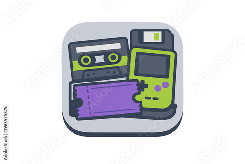 Retro gaming console with cassette tape and floppy disk displayed in a simple design
